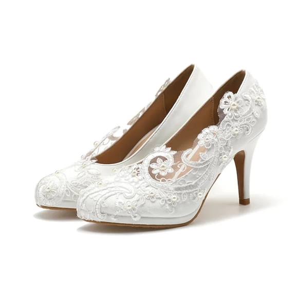 Baoyafang Shoes - Bridal Wedding Shoes Closed Toe Dress Pumps Stiletto Heel Lace Stitching US 6